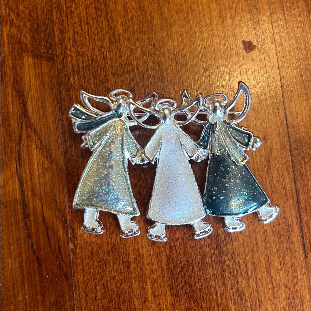 Silver Angel Brooch with Glitter Accents